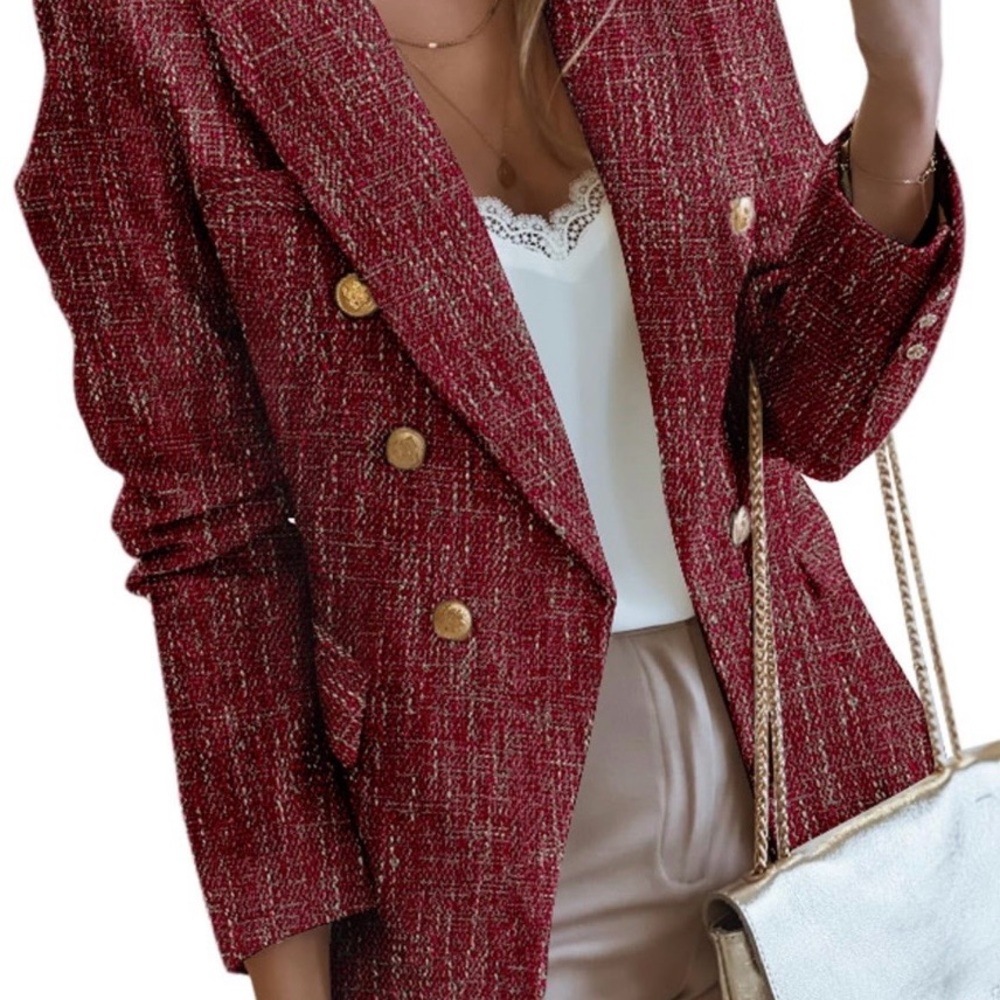 Women's Red Tweed Double-Breasted Blazer
